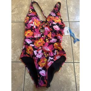 Miraclesuit Skinnydippers Swimsuit Womens M NWT Floral Tiffi One-Piece Black